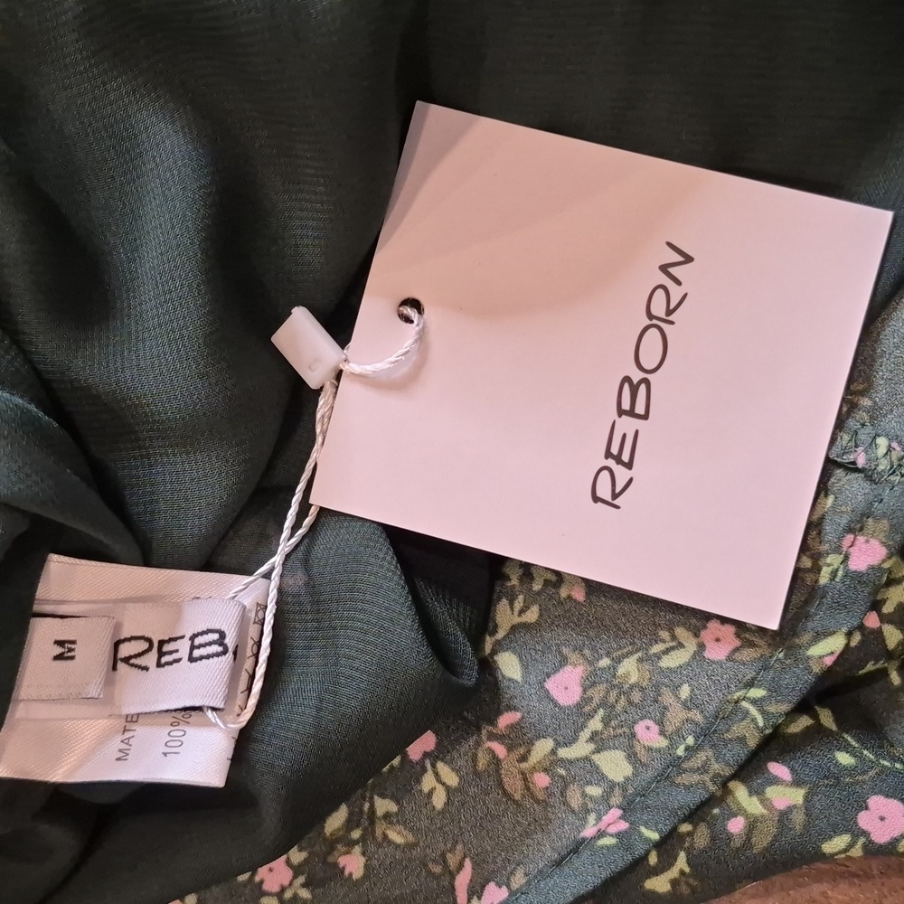 Reborn Green & Pink Floral Tie-Straps Smocked Back Lined Midi Dress, XS, Size 2 - Picture 13 of 14